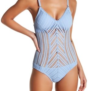 NEW Robin PIccone Sophia Sexy Crochet One Piece Swimsuit Aero Blue 4